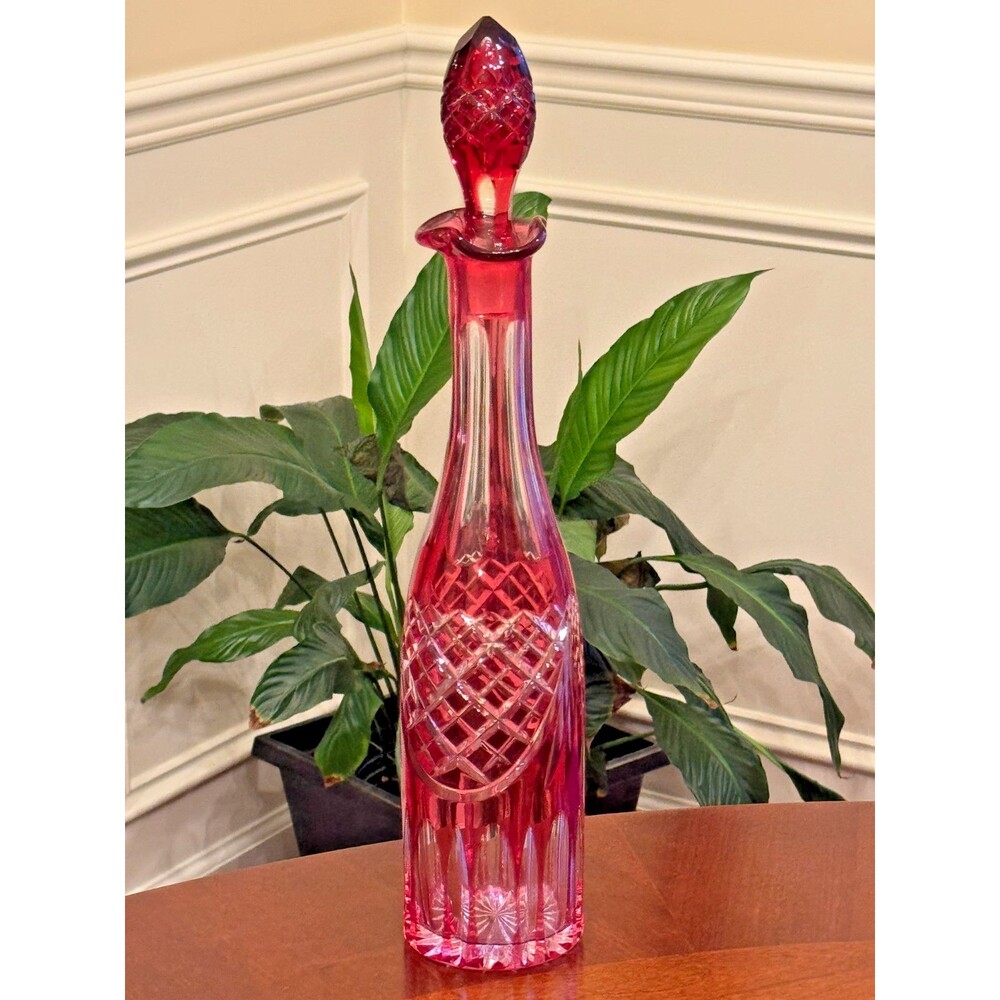 Crystal Ruby Red Cranberry Clear to Cut Decanter 16 inches tall x 3 inches diam.